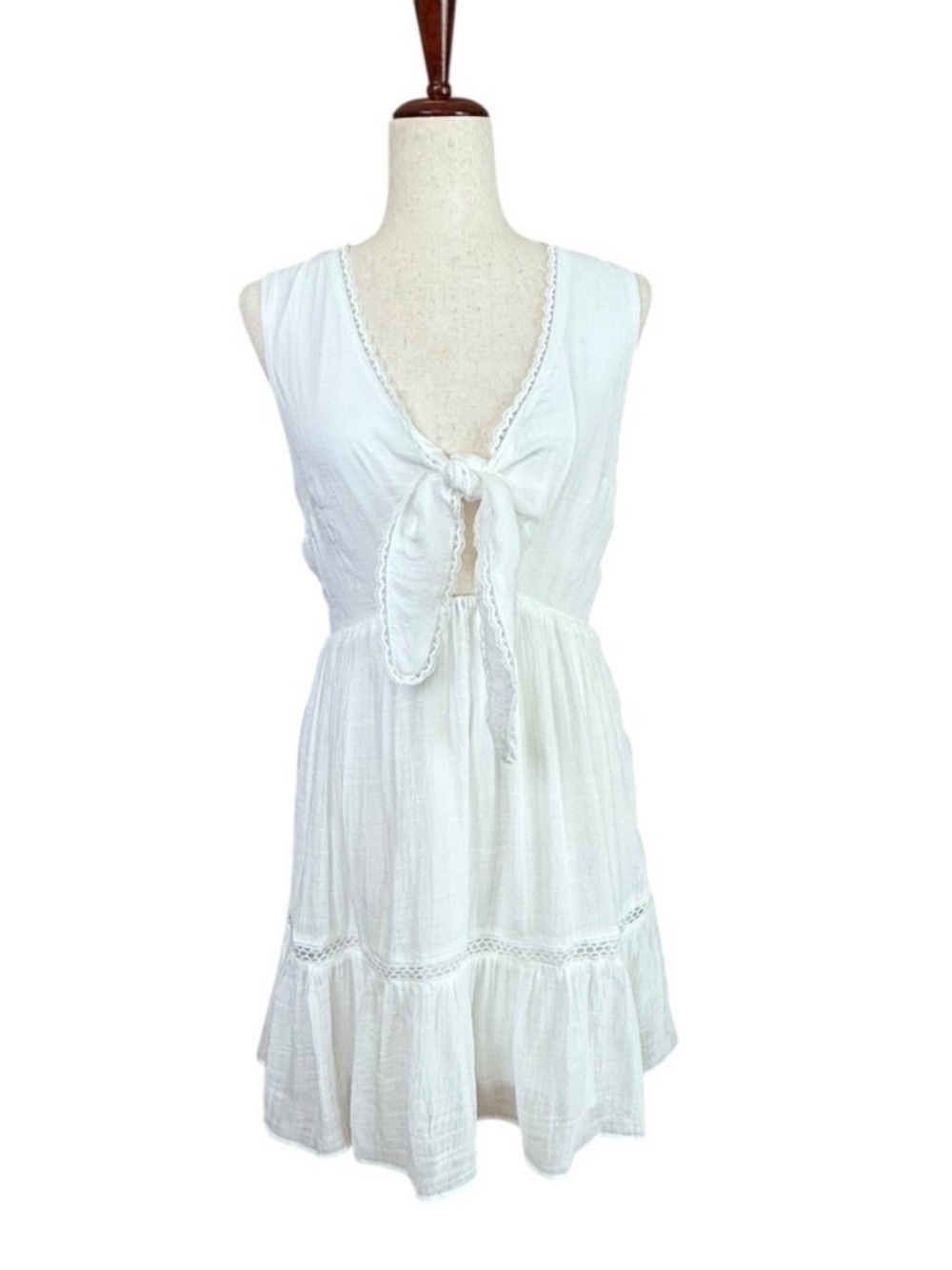 Lulu's White Sleeveless V-Neck Mini Dress w/ Front Tie & Lace Detail - Picture 4 of 6